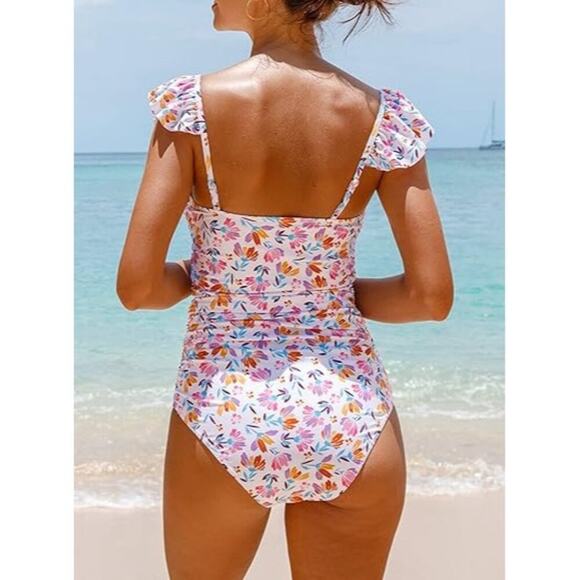 Floral Print Ruffle Strappy One Piece Swimsuits Tummy Control Bathing Suit, L, N - Picture 2 of 8